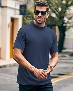 T-shirts d'extérieur personnalisés à col montant bleu marine 100% coton à épaules tombantes, surdimensionnés, lourds, respirants et décontractés - Product Image 4