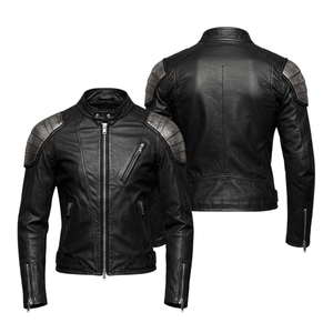 Chaqueta de moto de piel de oveja negra hecha a mano de motorista de rayas plateadas con protecciones blindadas interiores - Product Image 1