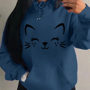 Sudadera con Capucha para Mujer, Diseño Simple con Estampado de Gato Feliz, Moda Casual, Estilo Urbano, Personalidad Hip Hop, Sudadera de Forro Polar Moderna - Product Image 1