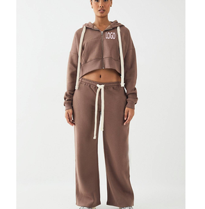 Hot Sale Women <b>Detail</b> Elastic Waist Joggers Set OEM Custom Zipper Crop Top Midweight Drawstring Winter Style Sweatsuit - Product Image 1