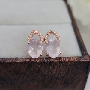 Stud de piedra de cuarzo rosa Plata de Ley 925 chapado en oro rosa diseño romántico mujer chica regalo de boda - Product Image 2