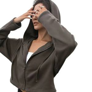 Sudadera con capucha de mezcla de algodón de alta calidad para mujer, estilo Hip Hop, sudadera con hombros descubiertos, sudadera recortada con cremallera de gran tamaño en blanco para mujer - Product Image 2