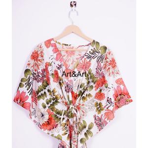 Vestido Corto Kaftan de Algodón Natural para Mujer, Estampado Floral Hecho a Mano, Estilo Sexy para Club Nocturno, Cuello en V, con Borlas, Casual - Product Image 2