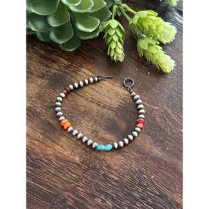 Navajo Strung Bohemian Style Multi-Stone & Sterling Silver <b>Beaded</b> <b>Bracelet</b> with Machine Made Pearl - Product Image 3