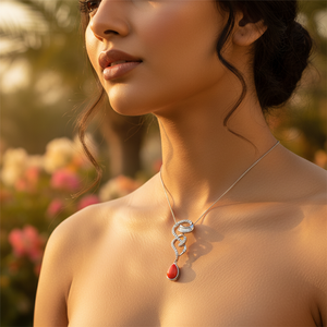 สร้อยคอจี้เงินแท้ 925 ประดับปะการัง ชุบทองคำขาว 14K ประดับเพชรซิร์คอน ดีไซน์ทรงหยดน้ำ รูปทรงเรขาคณิต ป้องกันการแพ้ เหมาะสำหรับใส่ทุกวัน - Product Image 2