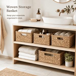 Panier de <span class=keywords><strong>rangement</strong></span> carré en jacinthe d'eau naturelle tressé à la main avec trois poignées, style rustique, pour la décoration intérieure, vente en gros, OEM - Product Image 5