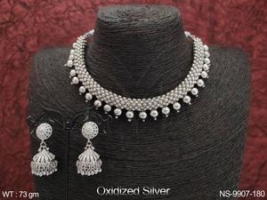 Oxidized Silver Polish Beautiful Designer Fancy Style Party Wear Jewelry Accessories Oxidized <b>Jewellery</b> Short Necklace Set - Product Image 5