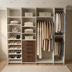 Système <span class=keywords><strong>de</strong></span> rangement pour placards <span class=keywords><strong>de</strong></span> chambre à coucher avec portes coulissantes ou pliantes, étagères à chaussures, tiroirs et double penderie, <span class=keywords><strong>sur</strong></span> <span class=keywords><strong>mesure</strong></span>, fabriqué à Houston - Product Image 1