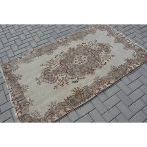 Tapis traditionnel en laine marron beige 3.7x6.6 pieds fait à la main Vintage turc Rectangle Patchwork Design Latex pour adolescents tapis de chevet - Product Image 2