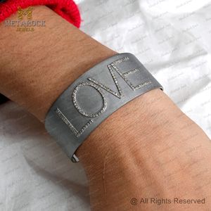 925 <b>Sterling</b> <b>Silver</b> Pave Set <b>Initial</b> LOVE Handmade Cuff Bangle <b>Bracelet</b> Wedding Jewelry Metarock Jewels Supplier - Product Image 2
