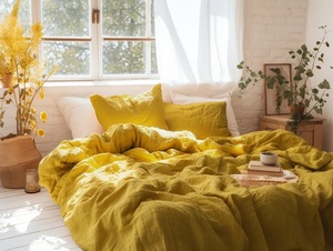 Wholesale Mustard Linen Duvet Cover <b>Set</b> Softened Yellow <b>Comforter</b> Quilt Coconut Buttons Ribbon Ties 200TC for Home Hospitals - Product Image 5