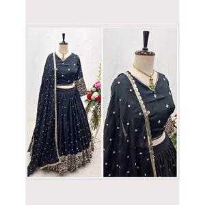 Bordado Semi-Cosido Reversible Chinon Seda Lehenga Choli Dupatta Conjunto para Mujeres Fiesta Estilo Casual Código Renuka - Product Image 2