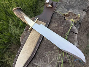 Cuchillo Bowie fijo de espiga completa de acero de alto carbono hecho a medida Funda de cuero de Búfalo con mango de cuerno. - Product Image 2