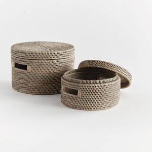 Set of 2 Round Rattan <b>Baskets</b> <b>with</b> Airtight <b>Lids</b> Handmade Storage <b>Basket</b> Wholesale eco-friendly Made in Vie - Product Image 1