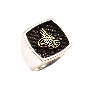 925 Sterling <b>Silver</b> Men's <b>Ring</b> Embossed Ottoman Tughra <b>Emerald</b> Cut Agate Amethyst Set Rhodium Plating Floral for Everyday Wear - Product Image 1