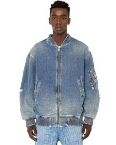 Blouson bomber en denim bleu clair pour homme avec col côtelé, coupe oversize, effet délavé, fermeture éclair, style streetwear décontracté, vêtement d'extérieur délavé - Product Image 1