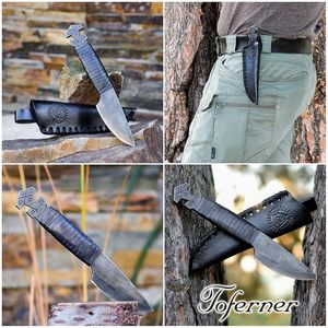 Couteau de camping de style viking 10.3, lame en acier Damas forgé, tête de corbeau, manche en acier, étui en cuir, style Seax médiéval unique - Product Image 3