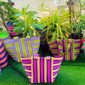 Bolsas de compras a rayas ecológicas de PP tejidas recicladas de nailon reutilizables TAMAÑO DE Color personalizado Uso de supermercado hecho India a granel - Product Image 1