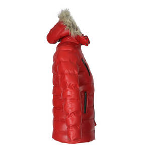 Custom Outerwear Puffer Red Leather Women Jacket with Fur Hooded Personalized Company Logo Stylish Winter <b>Coat</b> <b>Free</b> Shipping - Product Image 4