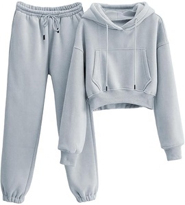 Custom Logo Printed 300 GSM Heavyweight Fleece 100% Cotton Women's 2-Piece Hip Hop Tracksuit Set High Quality Crop <b>Top</b> Hoodies - Product Image 6