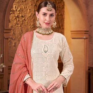 FabZone <b>Women's</b> Vintage-Style Beige Faux Georgette Embroidery Work <b>Kurta</b> Set Designer for All Seasons-for Weddings Other - Product Image 1