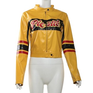 Abrigos informales de manga larga con cremallera para mujer, chaquetas de PU de retazos de Color con bordado de letras, a la moda Lona de piel de oveja, otoño 2024 - Product Image 1