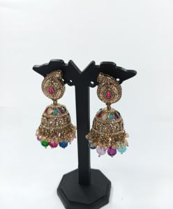 Pendientes Jhumka Vintage para Mujer, Pendientes Jhumka de Bollywood, Kundan Tradicional Indio, Chapado en Oro, Esmalte, Campanas Colgantes, Bodas - Product Image 2