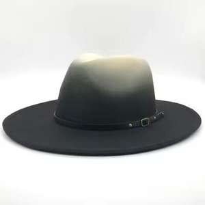 หมวกปีกกว้างผ้าขนแกะสไตล์ปานามา, หมวกคาวบอยไล่ระดับสีหมวกแจ๊สขนนกย้อนยุค - Product Image 2