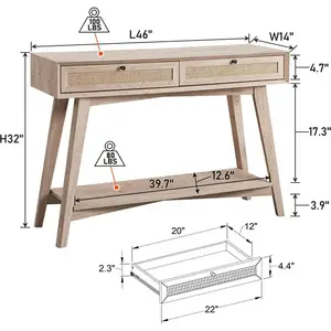 Прямоугольный консольный стол ручной работы из натурального плетеного ротанга с 2 ящиками