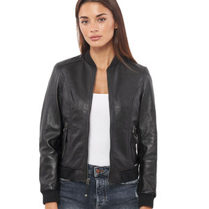 เสื้อแจ็คเก็ตหนัง100% สีดำสำหรับผู้หญิงหนังแกะแท้สีดำสำหรับฤดูหนาว - Product Image 1