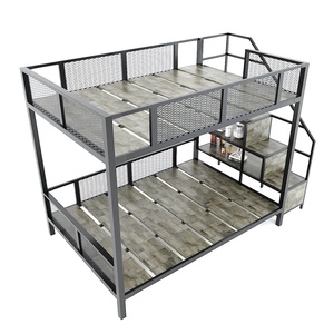 Industrial-Style Rubber <b>Wood</b> <b>Bunk</b> <b>Bed</b> with Iron Frame & Decorative Shelves - Product Image 1