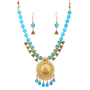 Bijoux vintage bleu ciel oxydé avec motif soleil rond doré pour les occasions festives, principalement en alliage - Product Image 5