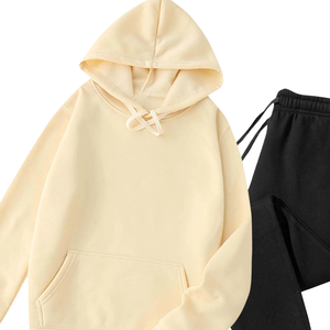 Cream Ivory <b>Hoodie</b> With <b>Black</b> Jogger Tracksuit Set Unisex Winter Fleece Two Piece Casual Streetwear Sports Outfit OEM - Product Image 6