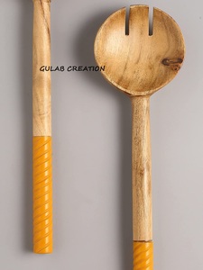 Ensemble de saladiers en bois d'acacia avec poignées en résine sculptées en spirale, écologiques, lavables au lave-vaisselle, ustensiles de cuisine pour mélanger - Product Image 3