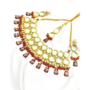 Ensemble de bijoux de mariée plaqué or 18 carats, serti de pierres Kundan et de perles, couleur bordeaux, avec zircon et perle, pour mariage ou cadeau - Product Image 1