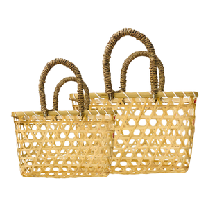ตะกร้าของขวัญทำมือจากเวียดนาม ทำจากฟางและไม้ไผ่ พร้อมด้ามจับคู่แบบหรูหรา น้ำหนักเบา เป็นมิตรกับสิ่งแวดล้อม - Product Image 1