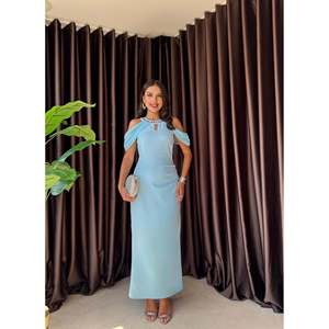 MissJANELL Vestido largo negro con aberturas en los hombros para mujer, elegante mezcla de poliéster y licra para fiestas y eventos nocturnos, elegante vestido largo - Product Image 2