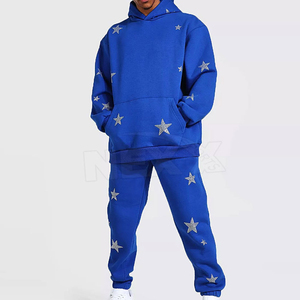 Survêtements en coton 340GSM à coupe ample pour hommes, tenue quotidienne en polaire écologique, pull à épaules tombantes, sweats à capuche en strass, pantalons solides - Product Image 1