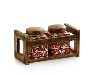 Mughal Cuboidal' Multi-Purpose Storage Jars & Containers In Ceramic With Wooden <b>Holder</b> Set of 2 Hand-Embossed Airtight - Product Image 3