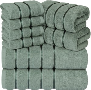 <b>Sage</b> <b>Green</b> 8-Piece Luxury <b>Towel</b> Set of 2 Bath 2 Hand & 4 Face <b>Towels</b> 600 GSM 100% Cotton Highly Absorbent Viscose Stripe - Product Image 1