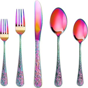 Vente chaude Rhiannon 20 pièces luxe arc-en-ciel Satin ensemble de couverts cadeau d'affaires parfait miroir polissage miroir Champagne couverts - Product Image 3