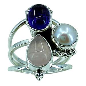 Navya Craft Handmade 925 Sterling Silver Boho <b>Statement</b> <b>Ring</b> Triple Gemstone Amethyst Rose Quartz Pearl Custom Size 4 Gift - Product Image 1