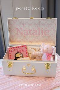 Personalized Modern Baby Keepsake <b>Trunk</b> Metal Memory <b>Box</b> Lockable Custom Name Embroidery Kids Toy <b>Storage</b> Chest Gold Hardware - Product Image 3