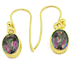 Pendientes colgantes de aro de cobre y latón chapados en oro con topacio místico ovalado, de moda para mujer, joyería religiosa para fiestas - Product Image 1