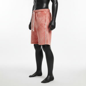 Felpa de algodón cepillado de 300 GSM, lavado ácido, corta, color rosa melocotón, con franja de diamantes de imitación y estampado de logotipo personalizado. - Product Image 3