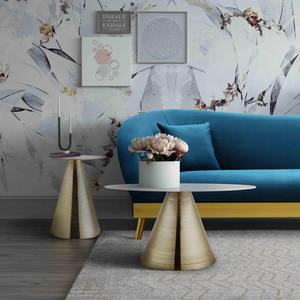 Table basse en marbre blanc écologique avec base en métal doré, table d'appoint ronde moderne pour le salon - Product Image 3