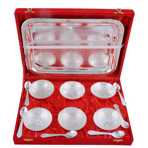 Ensemble de bols en laiton de haute qualité, 6 bols, 6 cuillères, 1 plateau, style classique argenté - Product Image 1