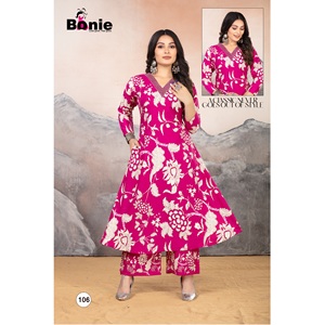 Catálogo listo Liva Top and Bottom Set Rayón impreso con trabajo de bordado para festivales Ropa India informal - Product Image 1