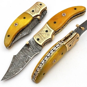 Navaja de bolsillo plegable multifuncional de acero de Damasco, hoja de botón para acampar al aire libre, caza, madera compatible con OEM ODM para - Product Image 5