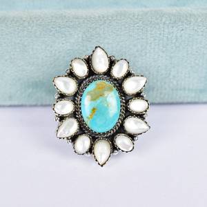 Bague de déclaration réglable en argent sterling 925 avec monture ovale en perle turquoise faite à la main pour la fête des femmes - Product Image 4
